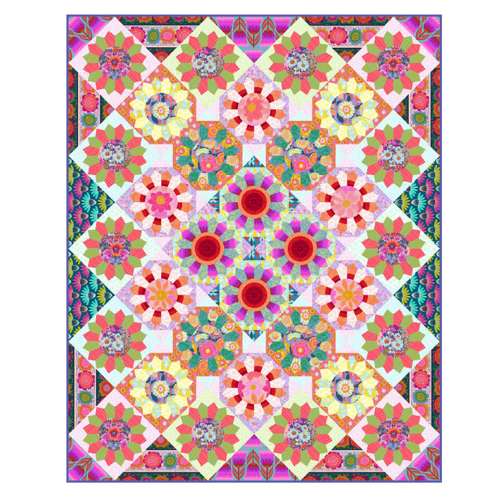 Colorful quilt with geometric floral patterns on a white background