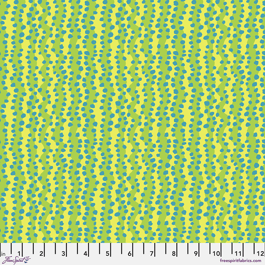 Yellow and green stripes with blue dots