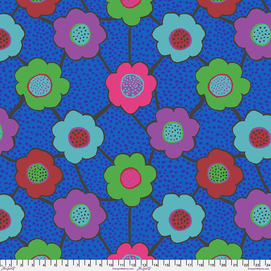 Pattern of colorful flowers on a blue background with a ruler at the bottom.