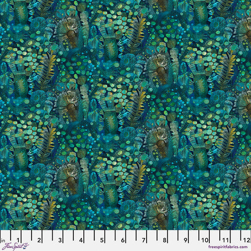 fabric swatch with underwater colors of dark blue and green with a leafy coral fern print