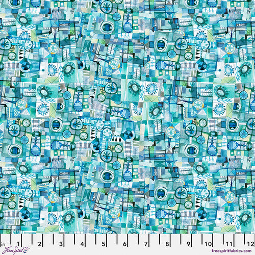 fabric swatch with a skewed squared geometric print with various circles and triangles within