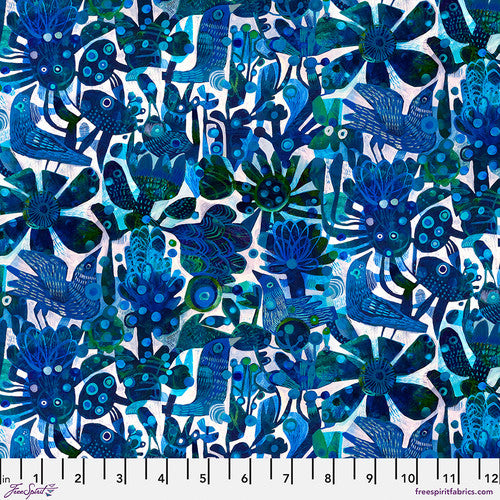 fabric swatch with a print of various shaped birds and florals in dark blue and aquamarine blue