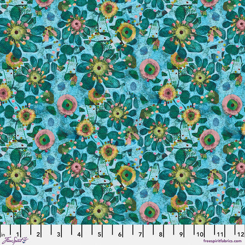 fabric swatch of various florals in teal, green, pink, and yellow on a turquoise blue background