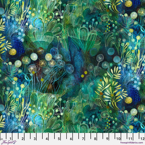fabric swatch with various greenery, leaves, and florals in light to medium greens and blues, all on a darker background