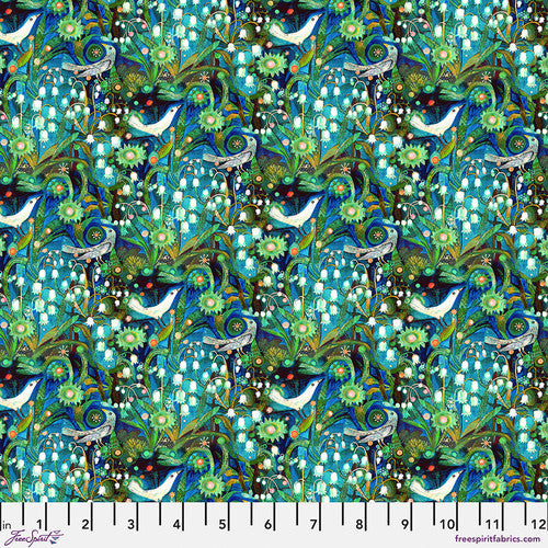 fabric swatch with a small pint of lilies of the valley along with small birds through out, in various shades of green and blue and white