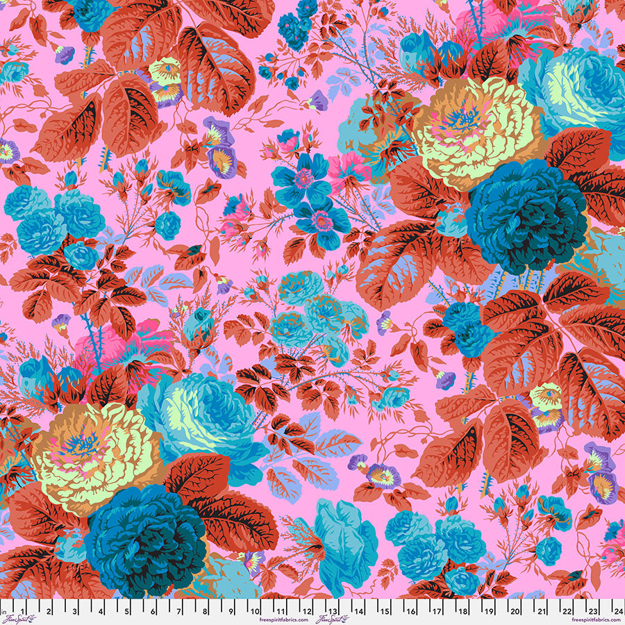 Pink background with blue flowers