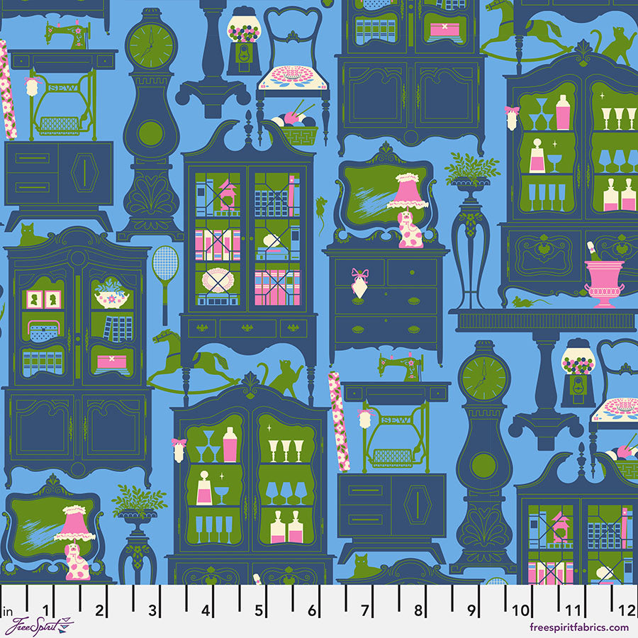 Pattern of vintage furniture and decor items on a blue background with a ruler at the bottom.