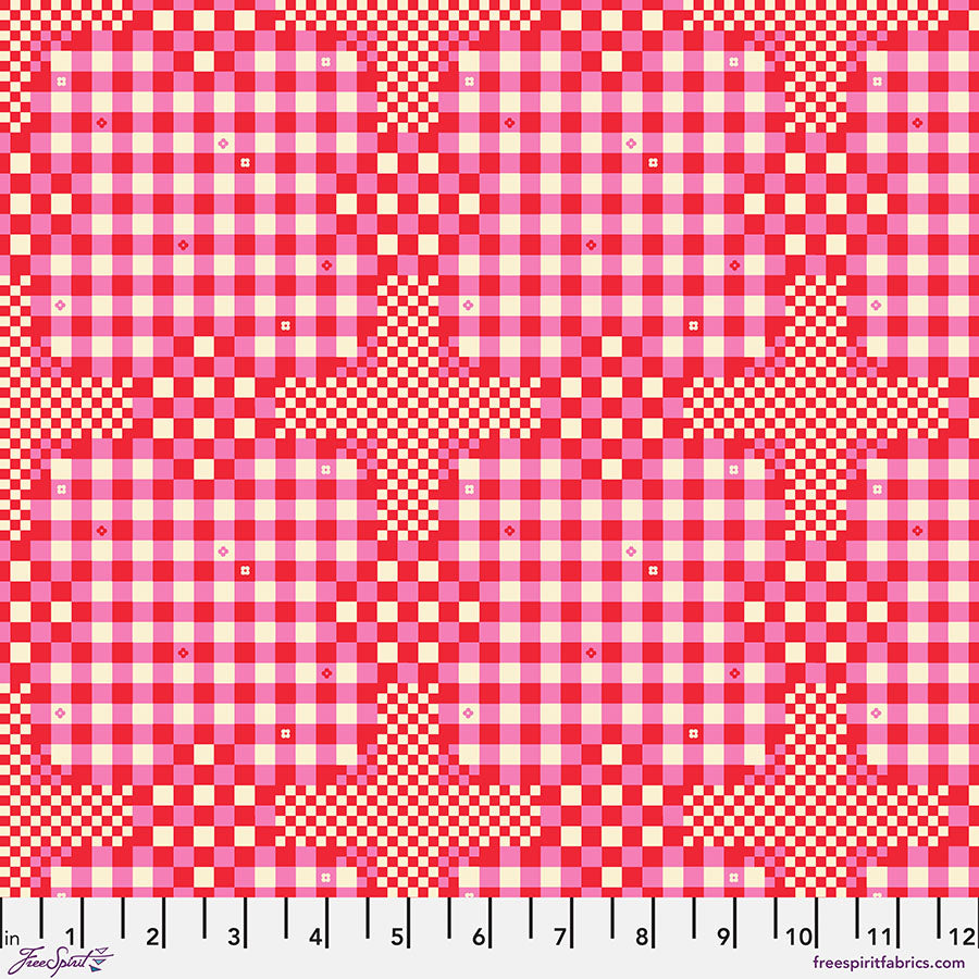 Red and white checkered fabric pattern with a ruler at the bottom