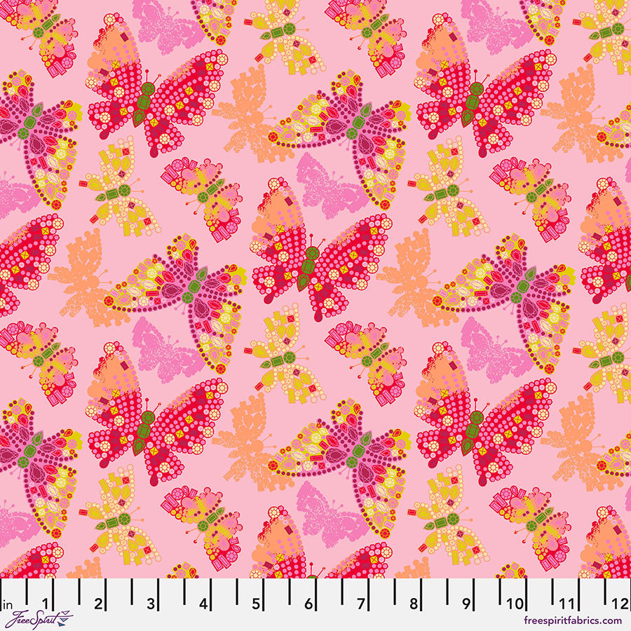 Pattern of colorful butterflies on a pink background with a ruler at the bottom.