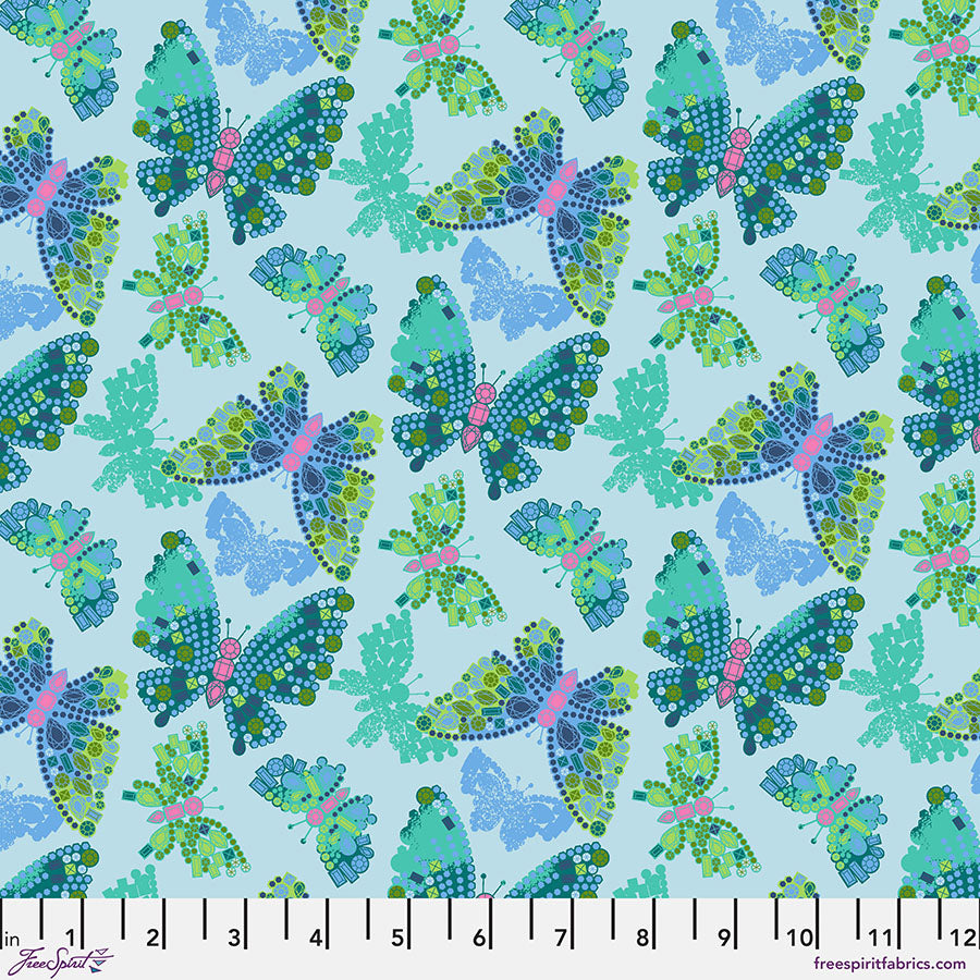 Pattern of colorful butterflies on a light blue background