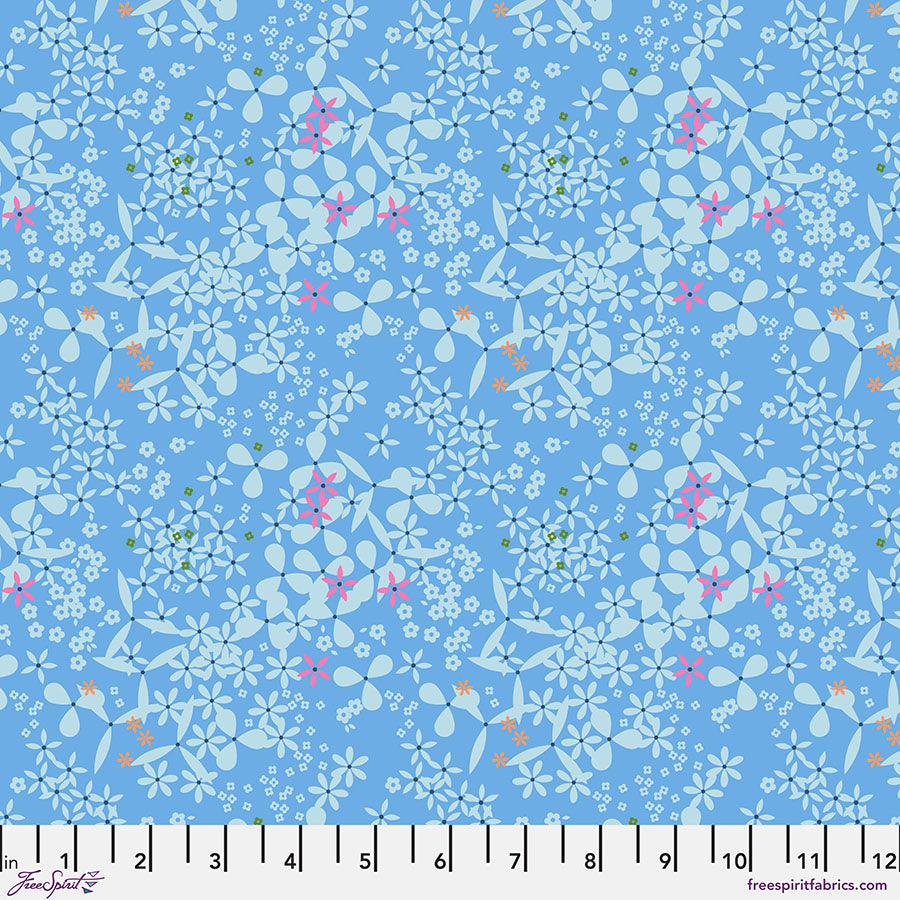 Floral pattern fabric swatch on a blue background