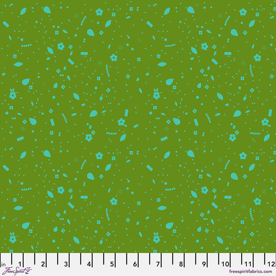 Green fabric with small blue geometric patterns, measured in inches.