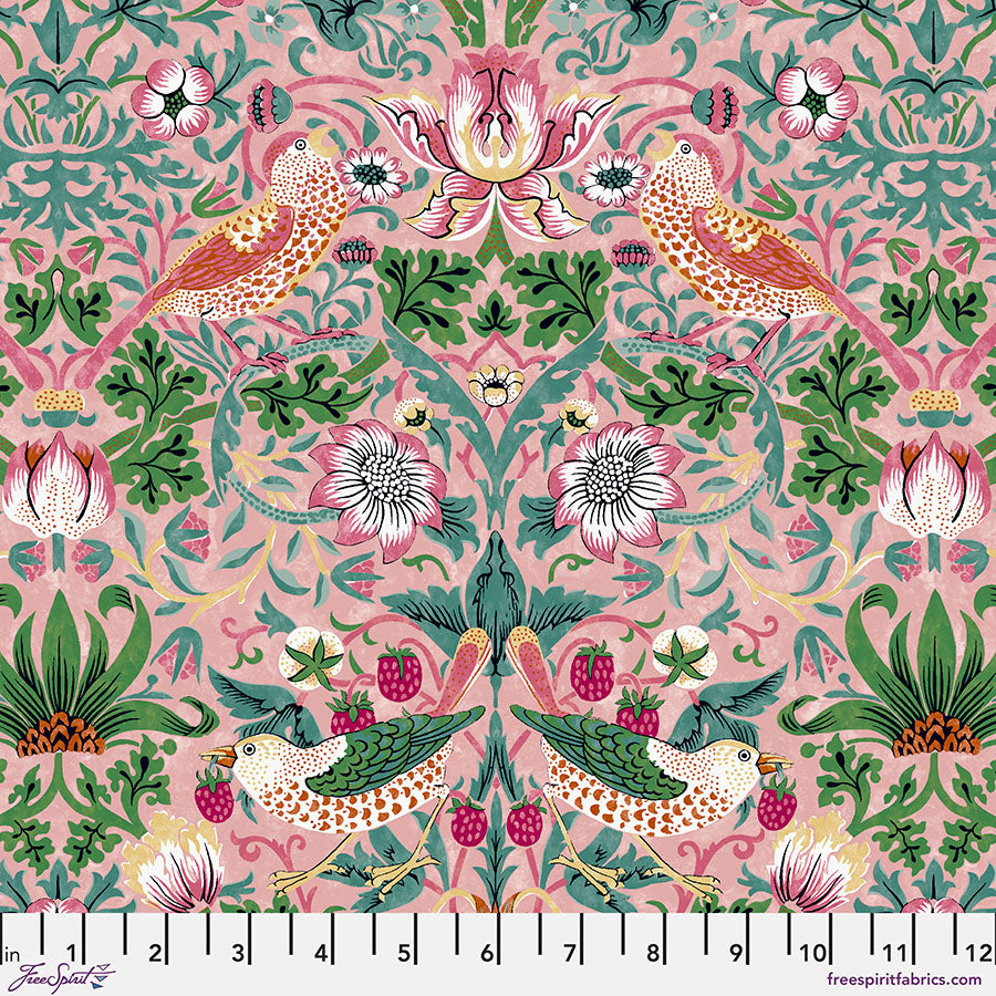 Decorative fabric pattern with birds, flowers, and leaves on a pink background