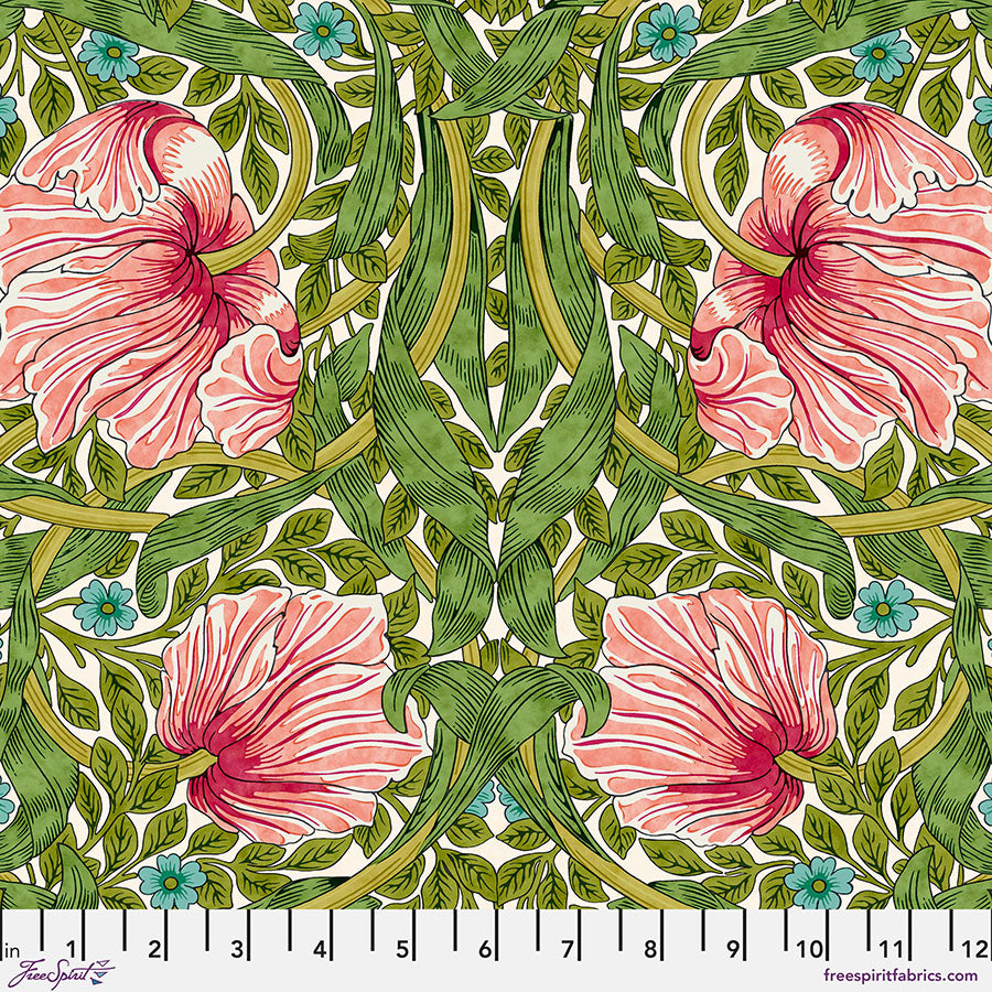 Pattern of pink flowers and green leaves with a ruler at the bottom.