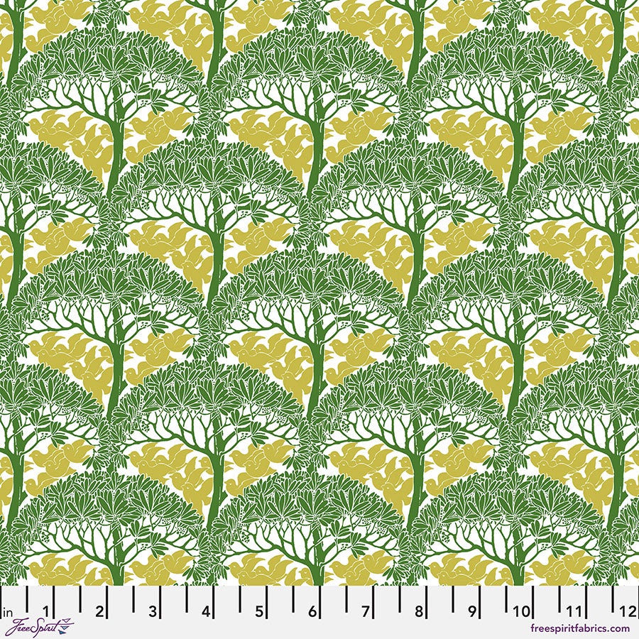 Pattern of green and yellow trees on a white background with a ruler at the bottom.