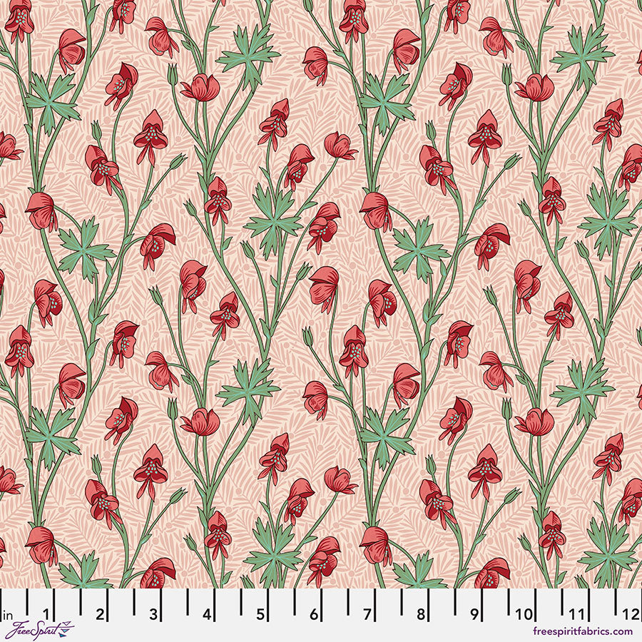 Floral pattern with red flowers and green leaves on a pink background