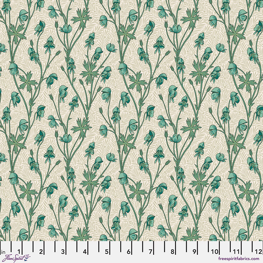 Floral pattern fabric swatch with green flowers on a beige background