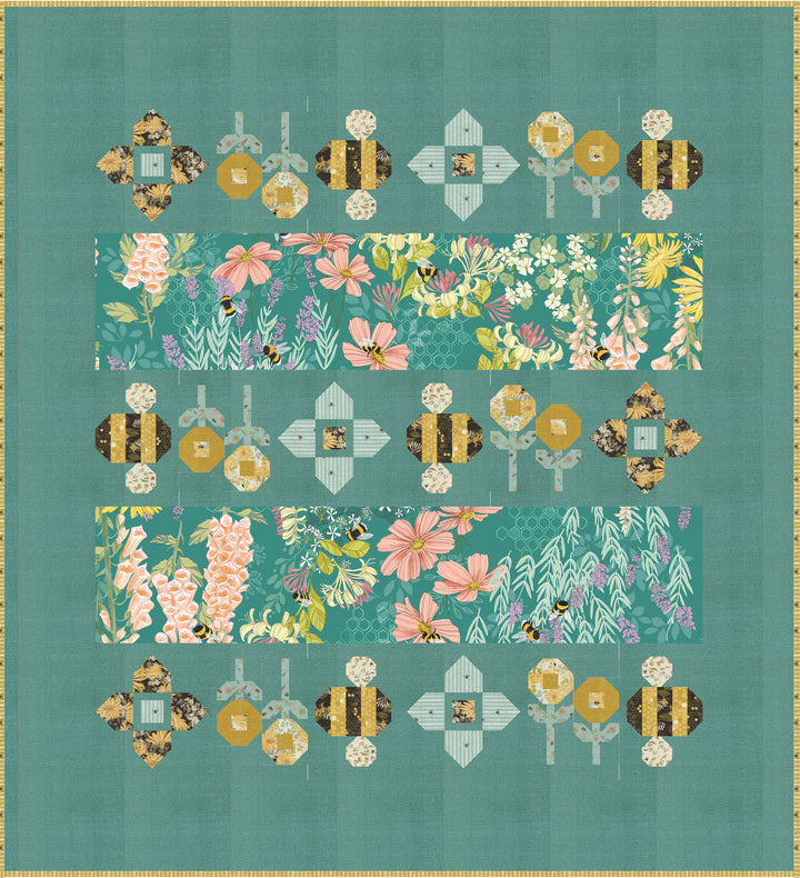 Quilt pattern with bees, flowers, and geometric shapes on a teal background
