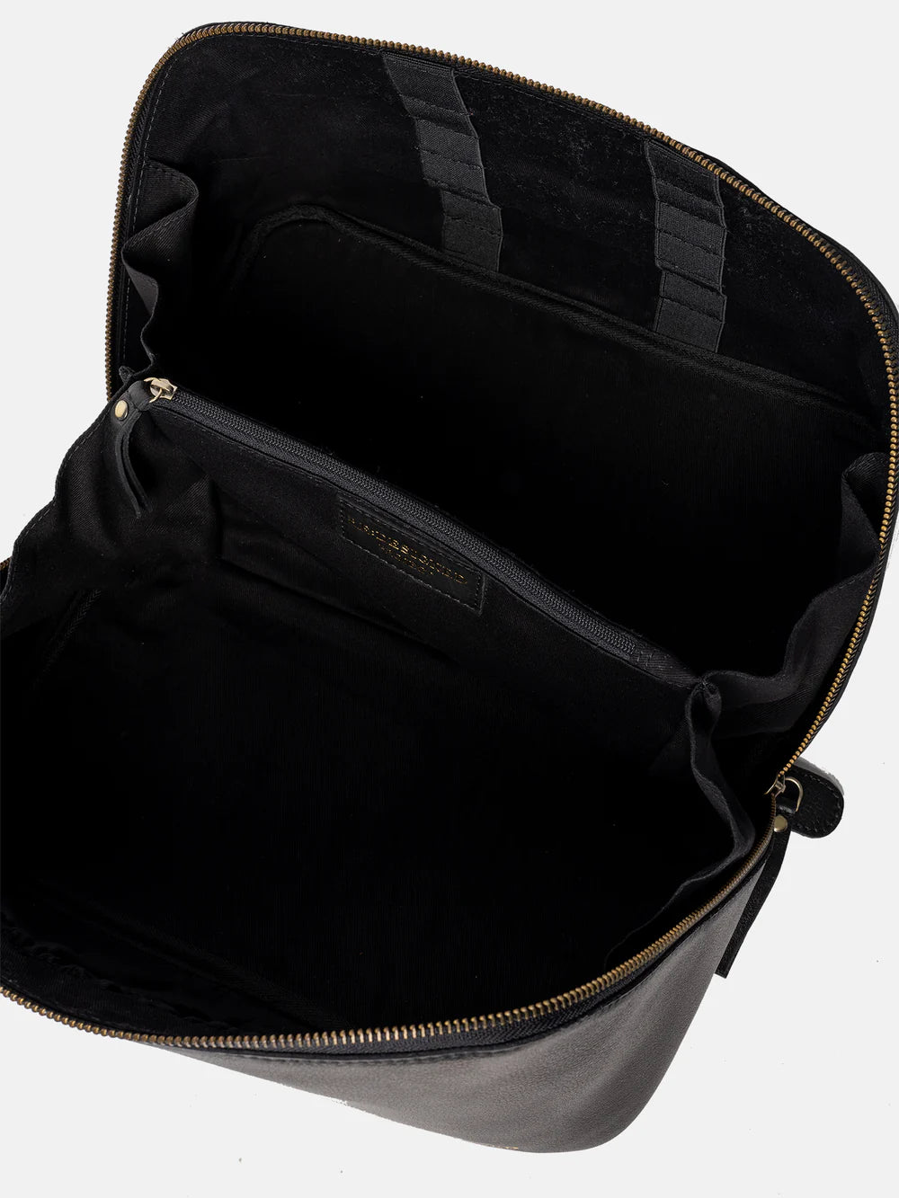 Black backpack with gold zipper on a white background