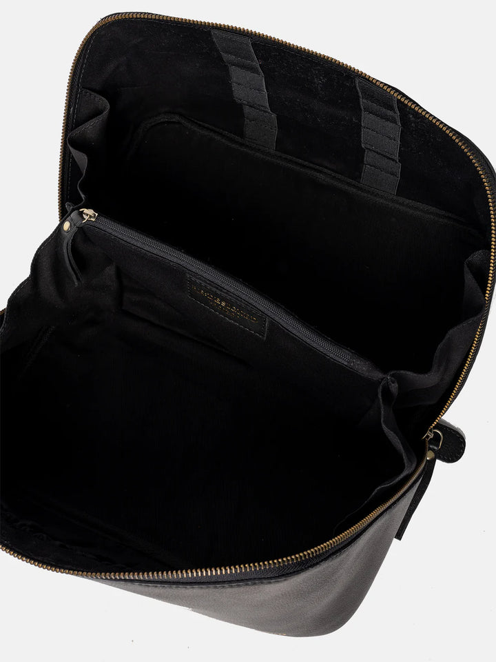 Black backpack with gold zipper on a white background