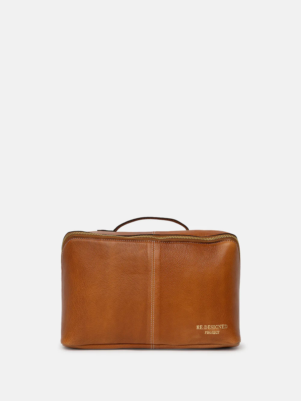 Brown leather toiletry bag on a white background
