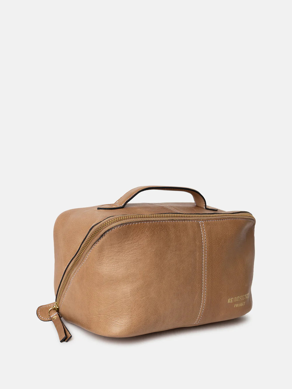 Brown leather toiletry bag on a white background