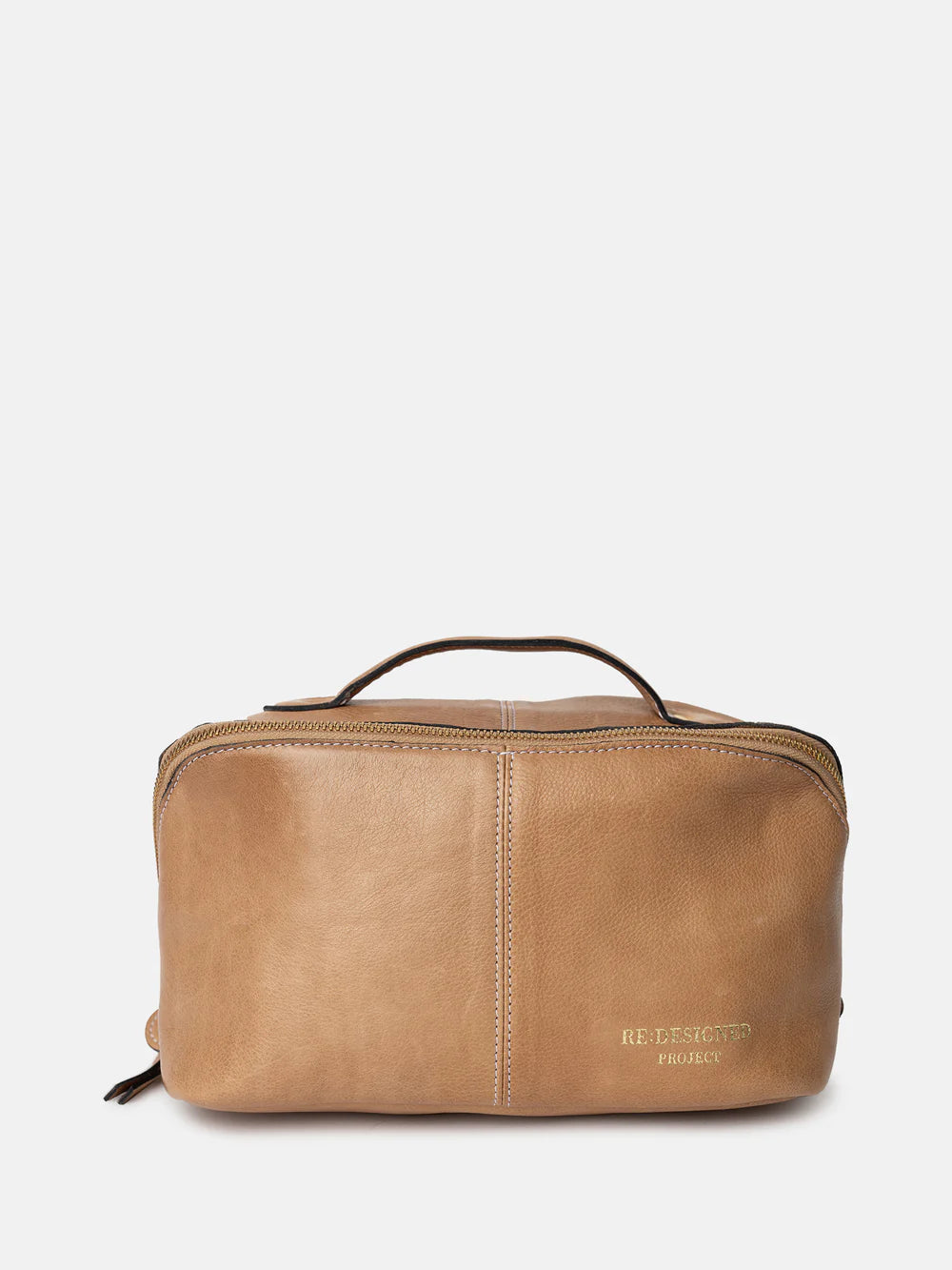 Brown leather toiletry bag with visible brand name on a white background