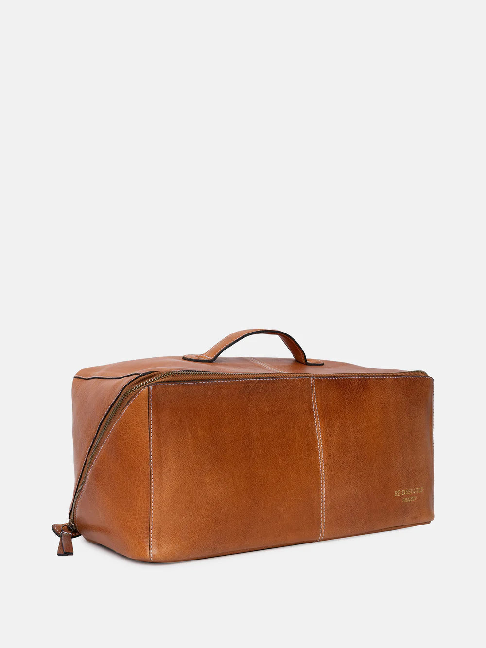 Brown leather knitting case with handle on a white background