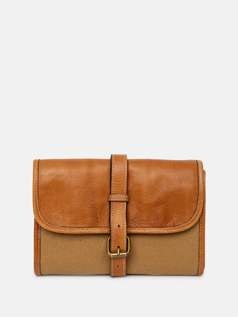 Brown leather needle case with a strap on a white background