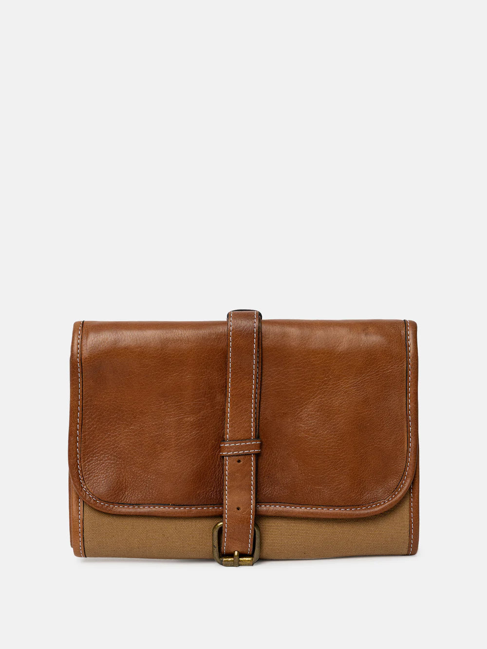 Brown leather needle case on a light gray background