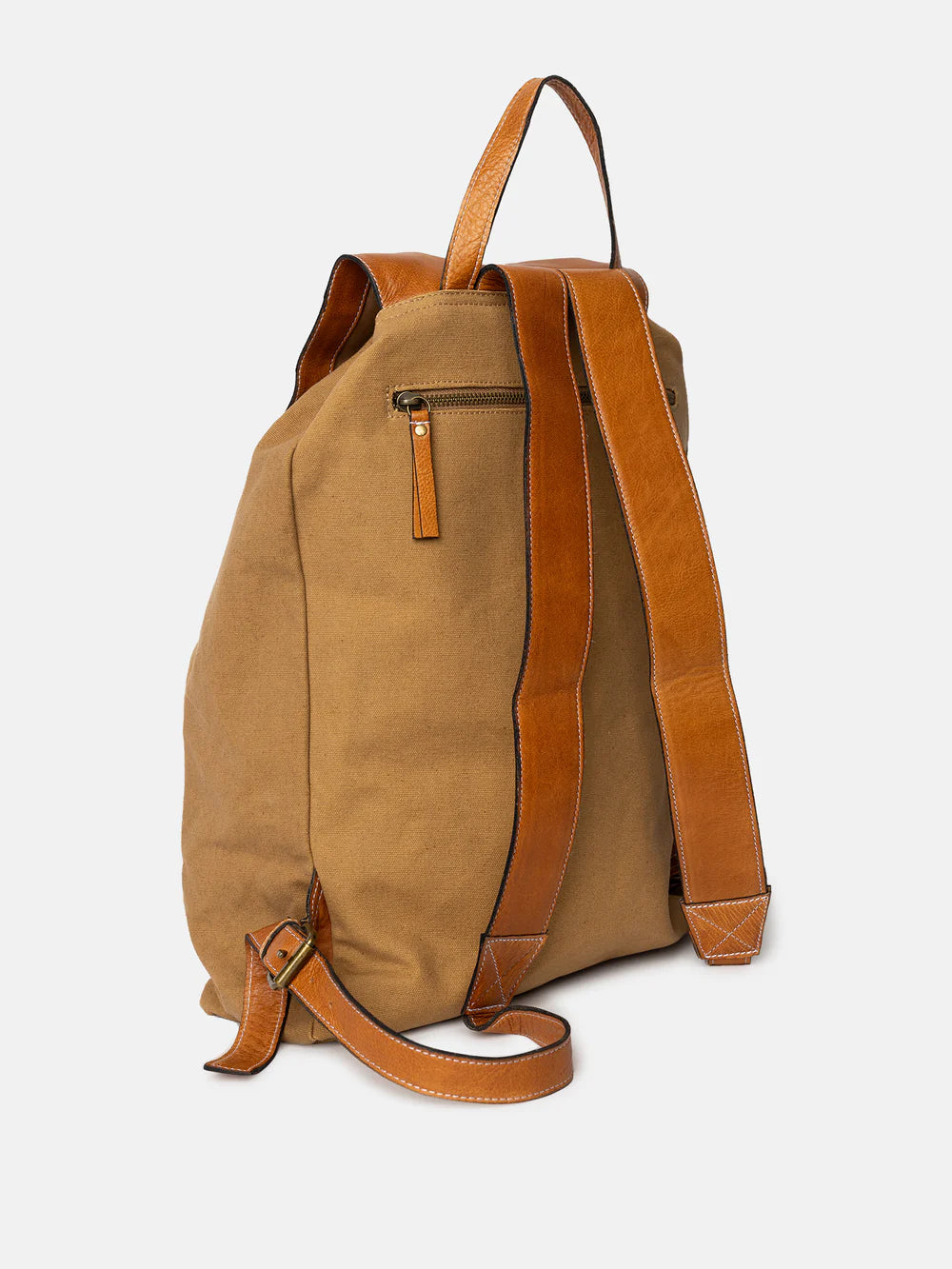 Brown backpack with tan leather straps on a white background