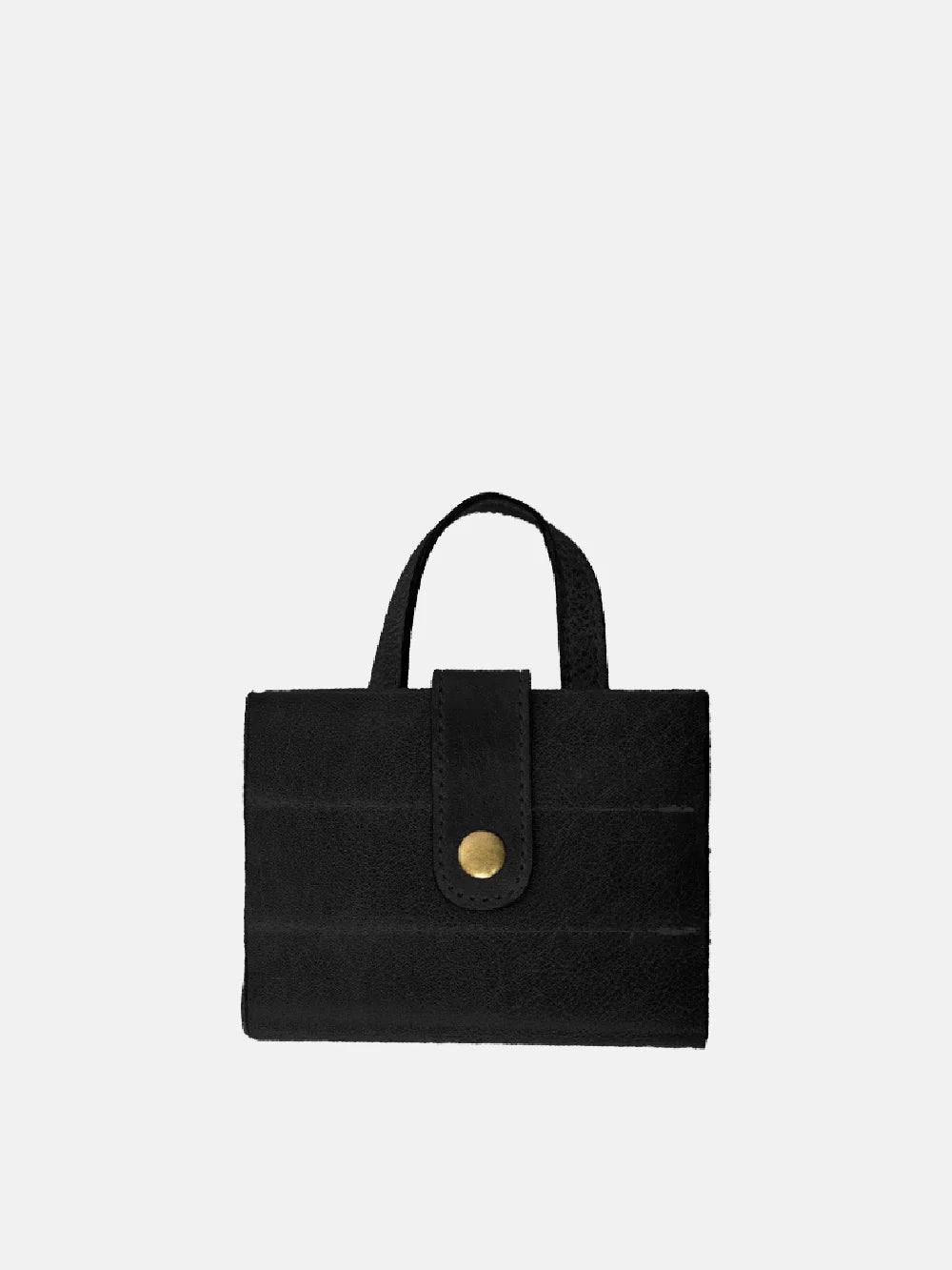 Black handbag with a gold button on a white background