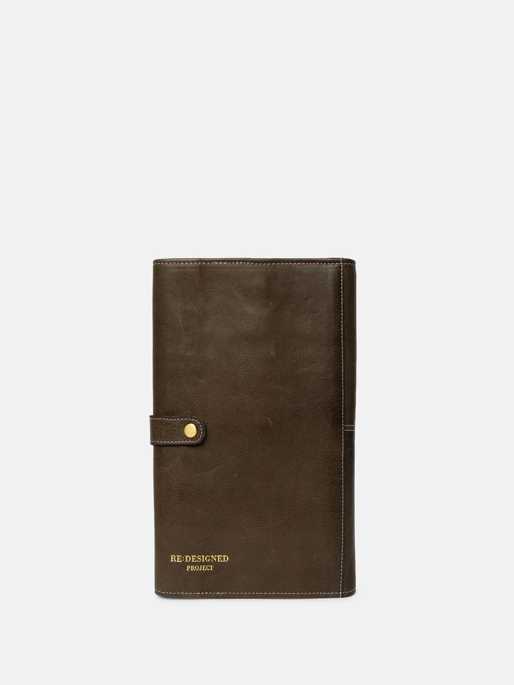 Brown leather needle case with gold buckle on a white background