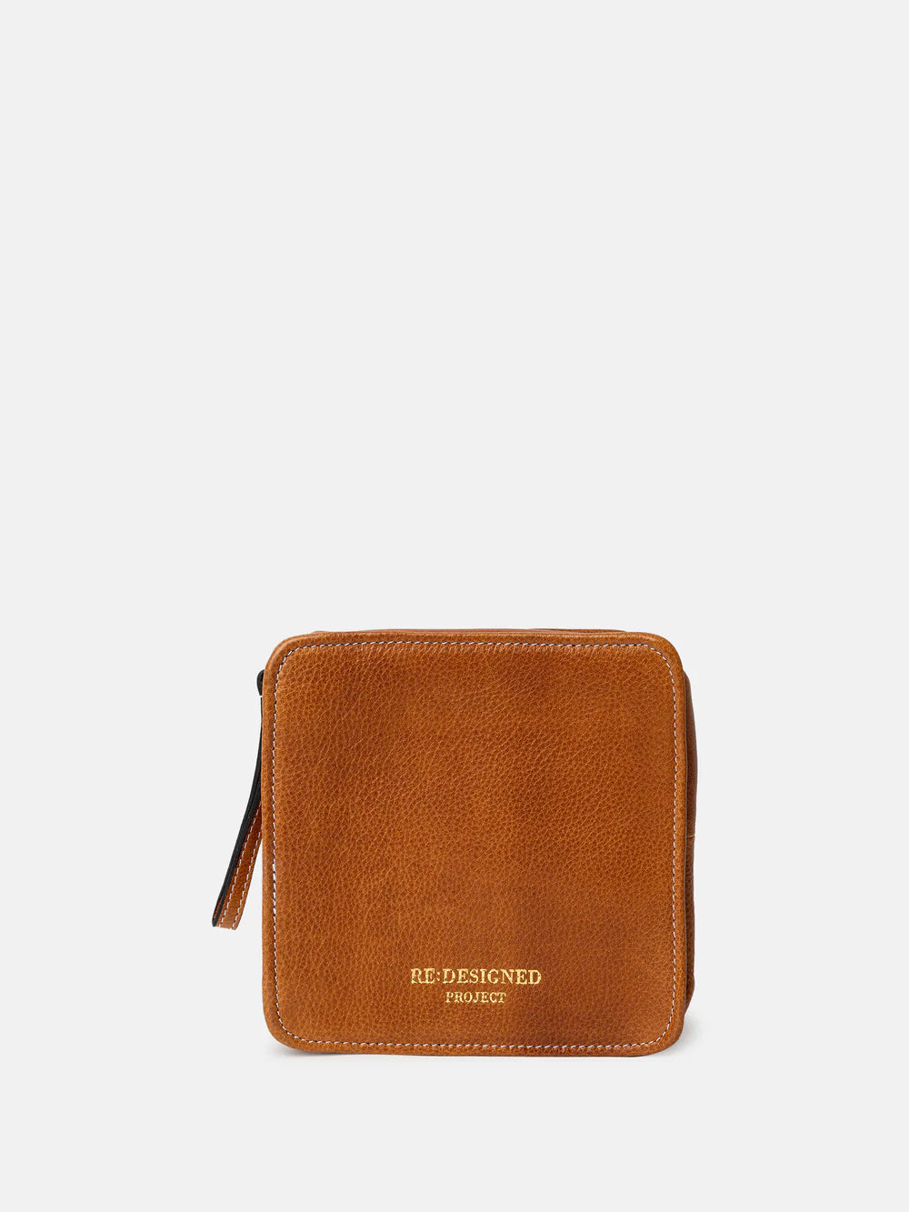 Brown leather wallet with 'RE DESIGNED PROJECT' branding on a white background