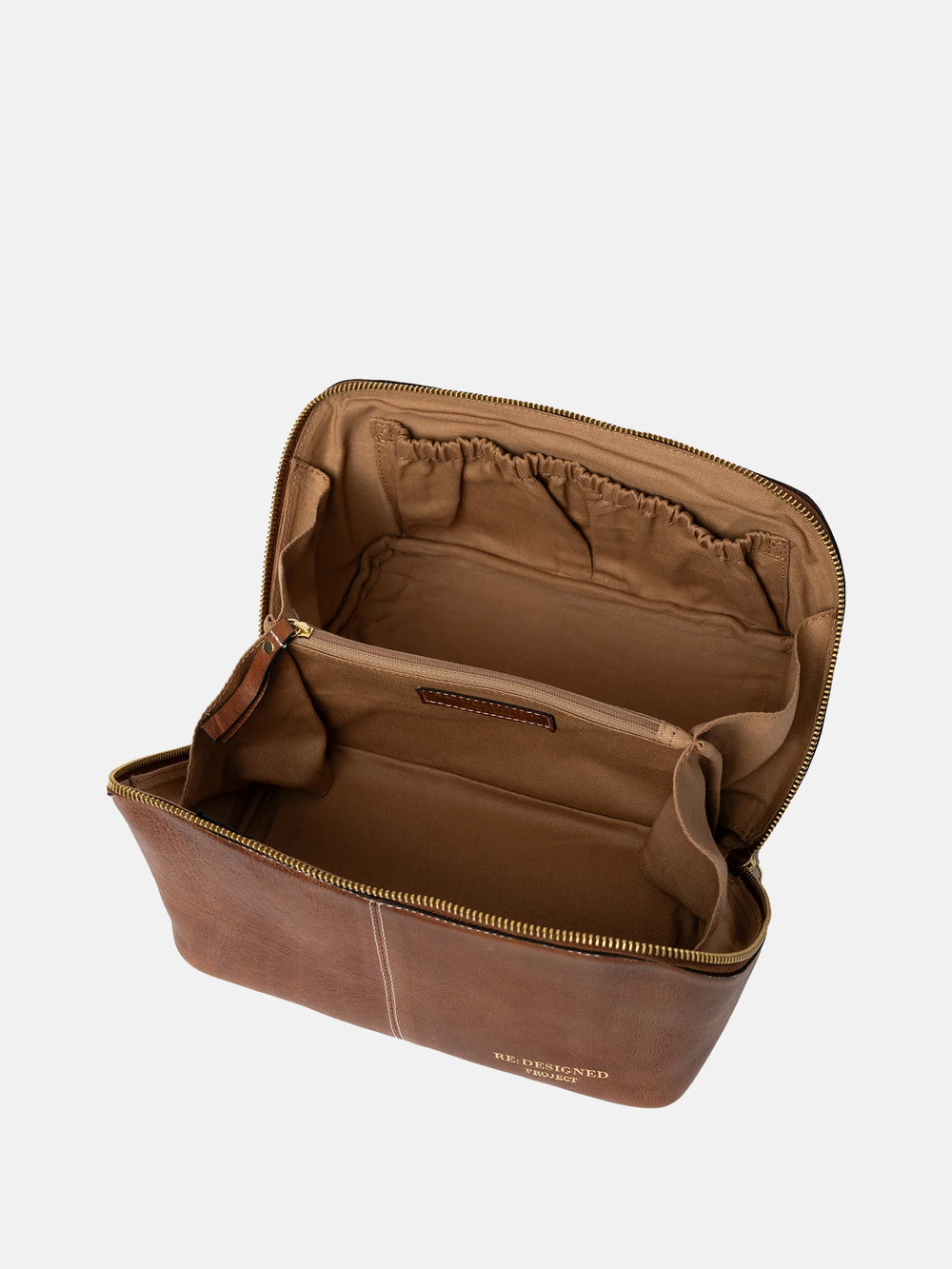 The inside of brown leather project bag