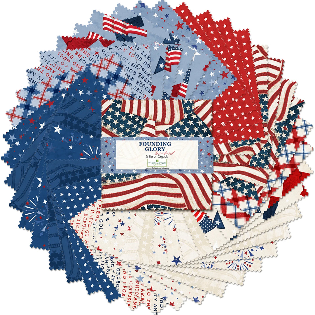 Collection of fabric squares with American flag patterns arranged in a circular display.