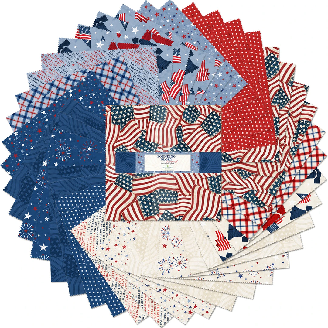 Collection of fabric squares with various patterns including stars, stripes, and fireworks on a white background.