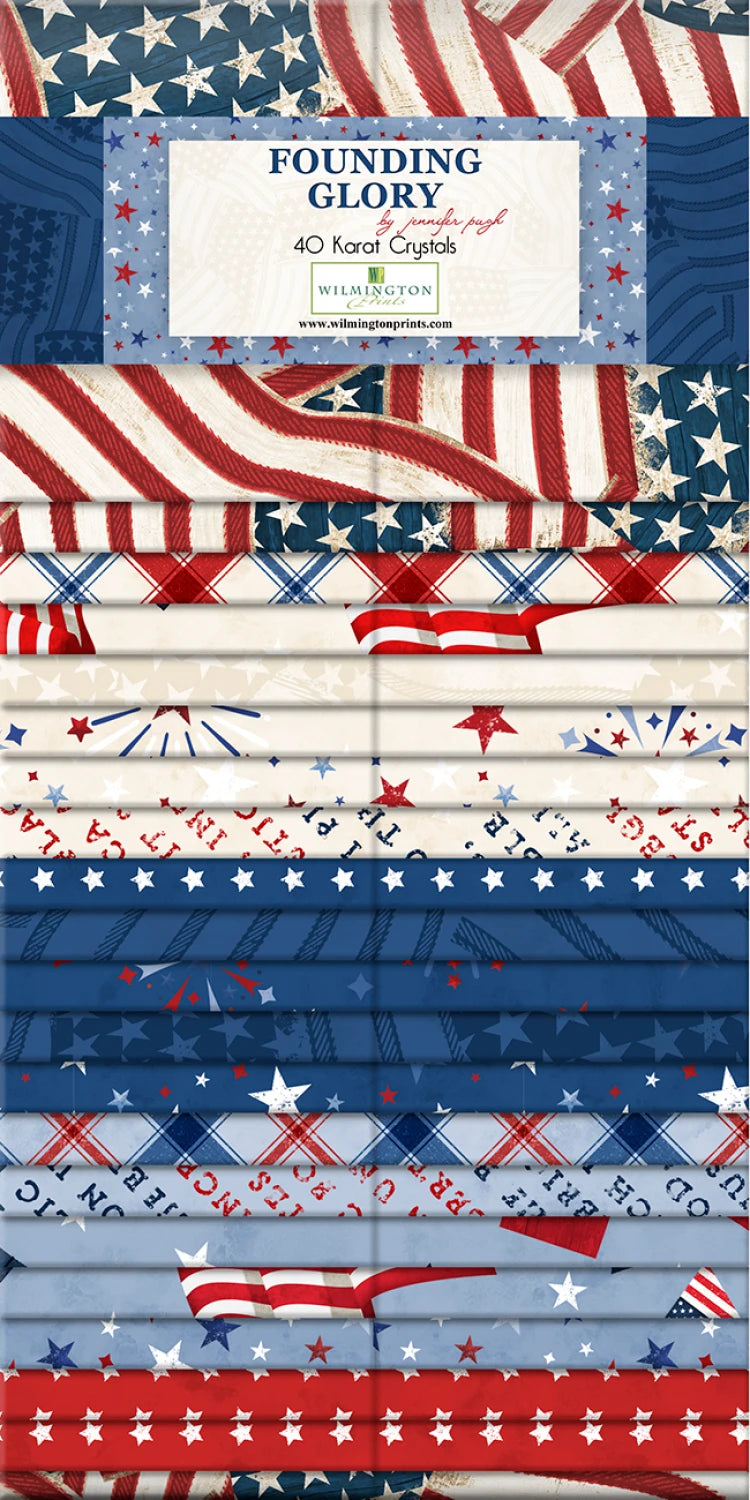 Collection of fabric swatches with American flag patterns and 'Founding Glory' label.