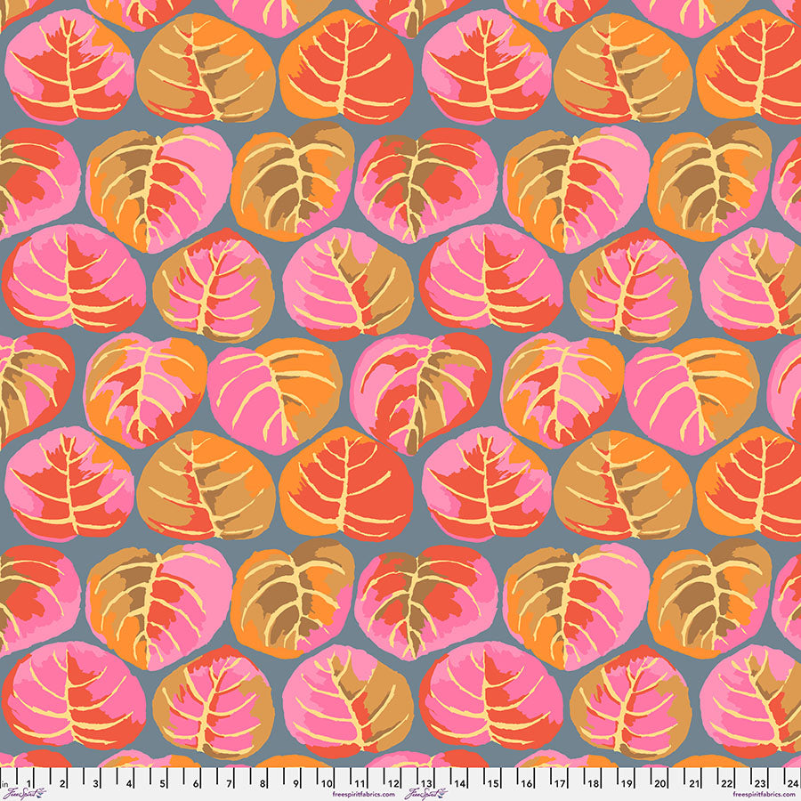 Grey background with bright pink and orange leaves