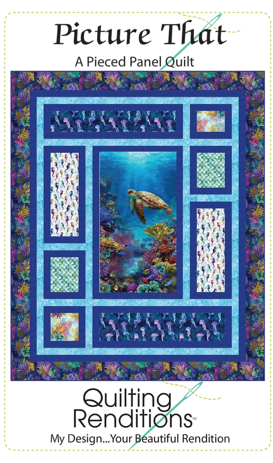 Quilt design with turtle and coral reef scene, featuring 'Quilting Renditions' branding.