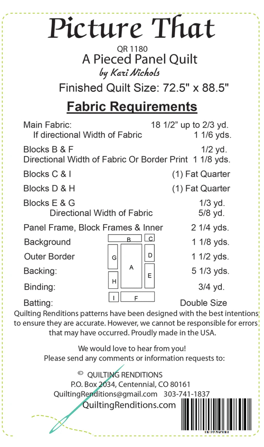 Fabric requirements label for a pieced panel quilt by Quilting Renditions