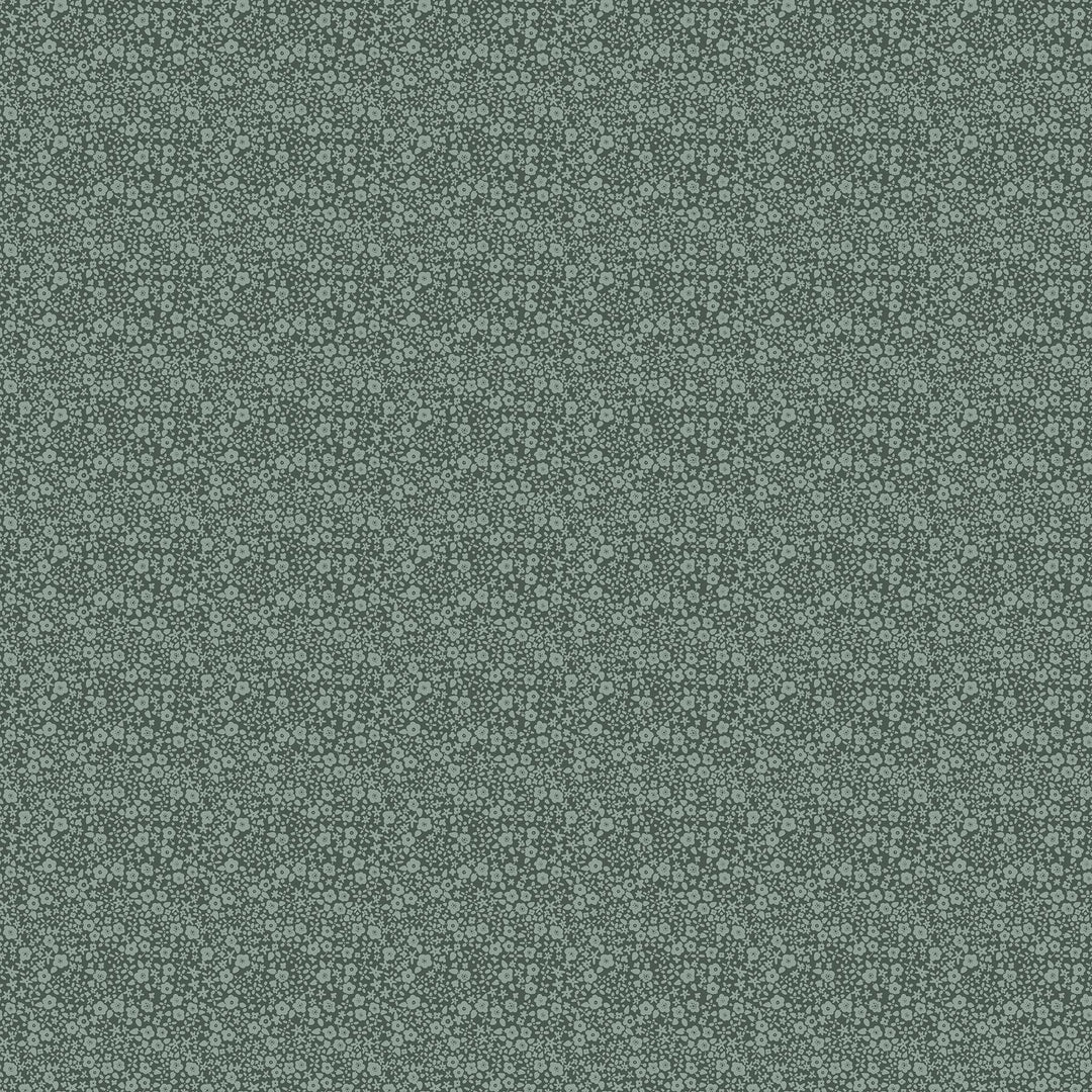 A close-up of a repeating floral fabric pattern in muted sage green and gray-green tones.