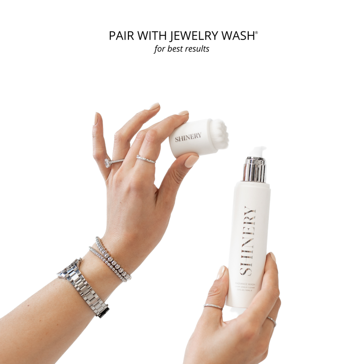 Two hands holding Shiny jewelry wash bottles with text on a white background