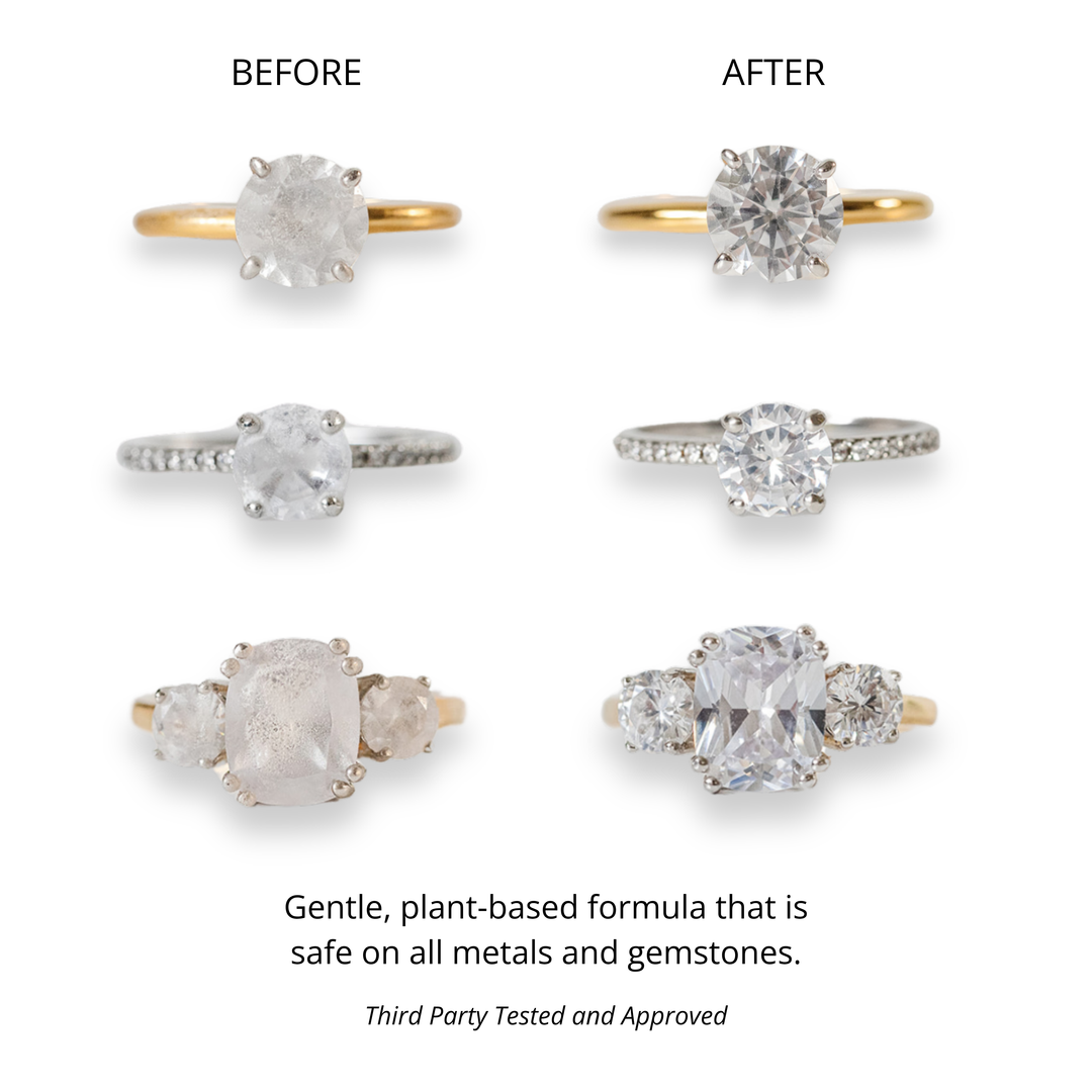 Before and after comparison of diamond rings with a gentle cleaning solution.