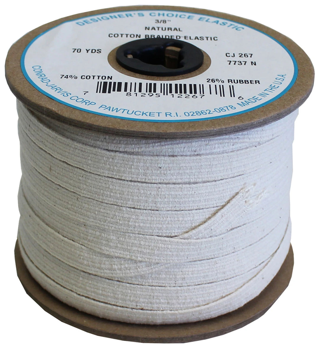 Spool of cotton beaded elastic with label on a white background