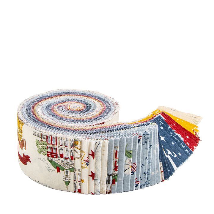 Roll of fabric with colorful patterns on a white background
