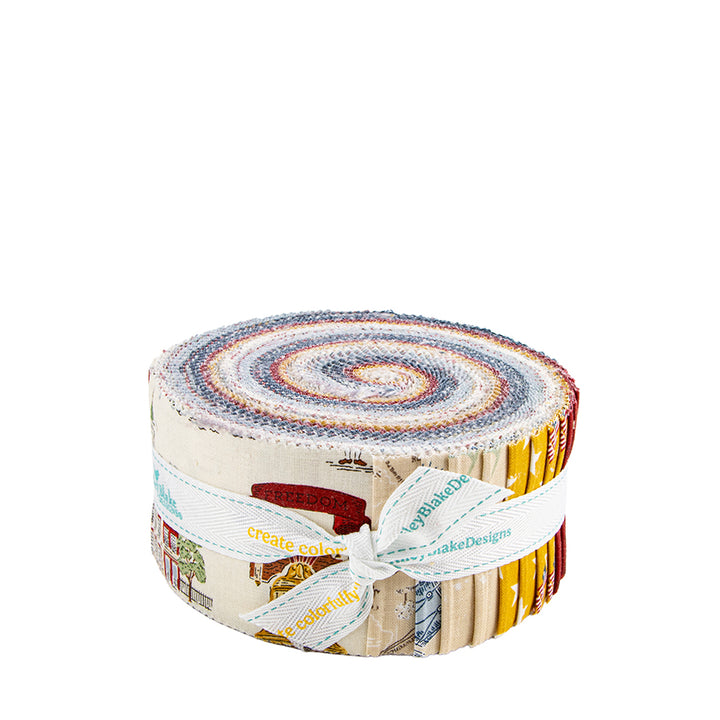 Rolled-up fabric with colorful patterns and a ribbon on a white background