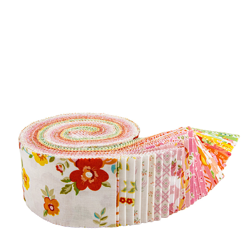 Roll of floral fabric with colorful patterns on a white background
