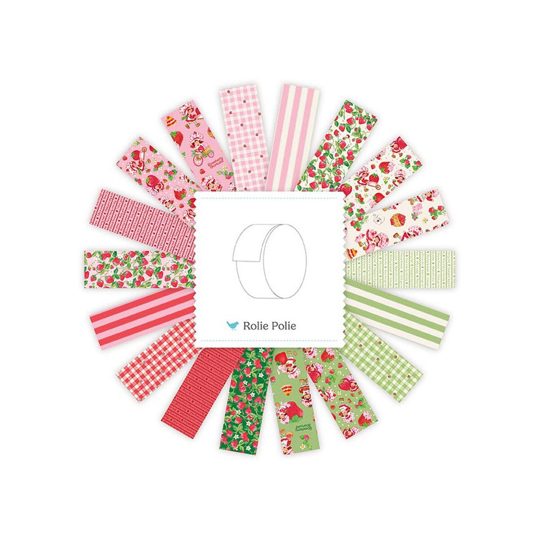 Collection of colorful fabric strips with a Rolie Polie logo in the center on a white background