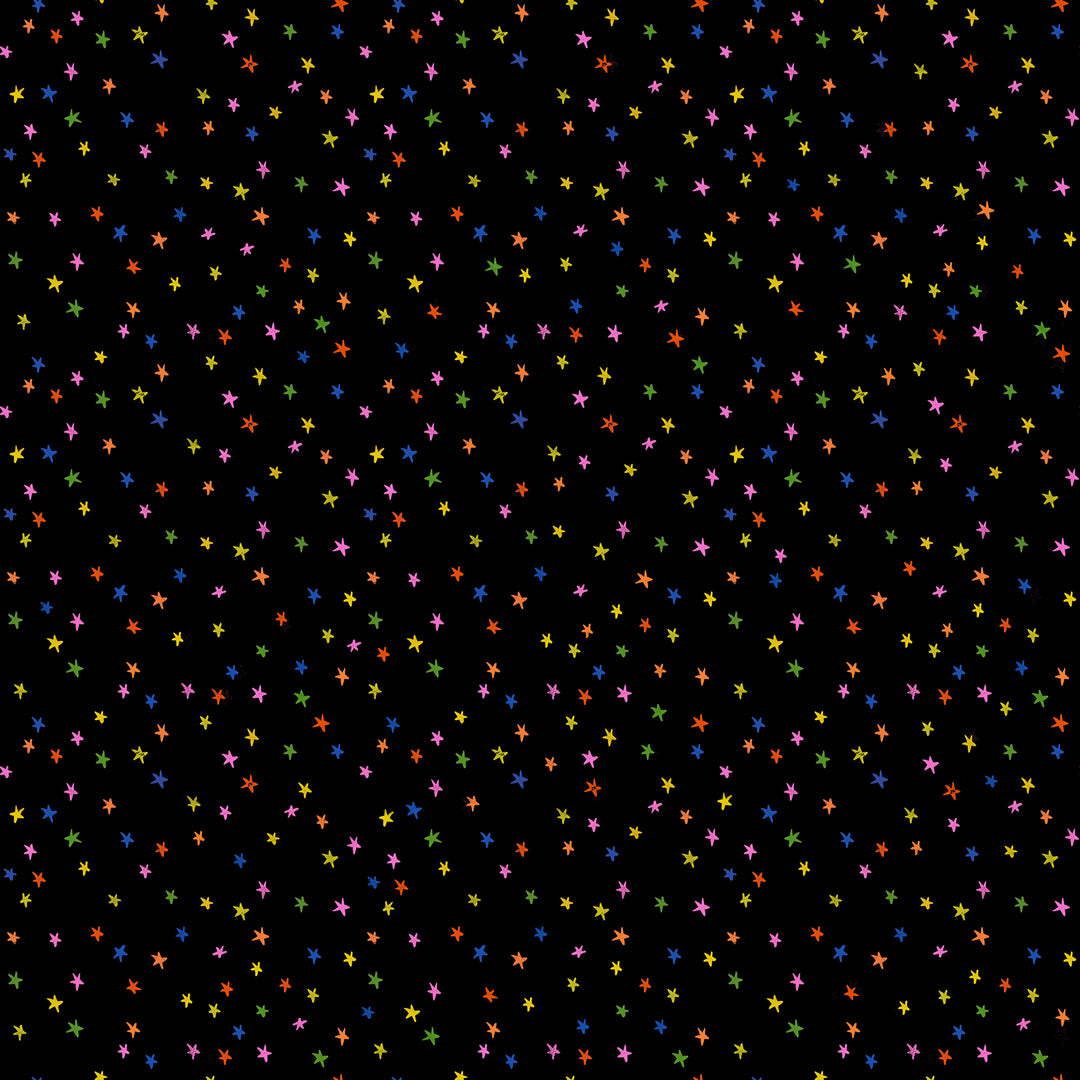 Pattern of colorful stars on a black background
